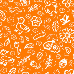 Seamless pattern with flowers and insects. Floral background with sketchy  butterfly, dragonfly, tulips