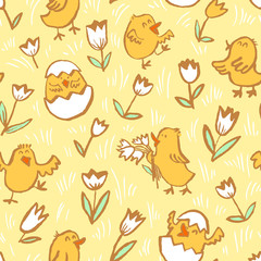 Easter background with chickens. Floral spring seamless pattern with Easter chick in egg and tulips.
