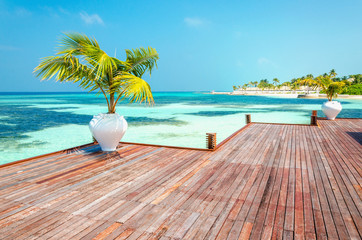 Wooden balcony of a luxurious resort with a view of a paradise beach with tall palm trees