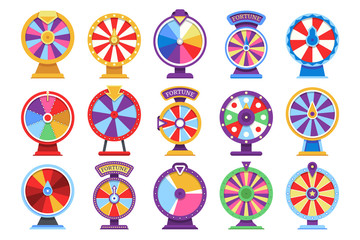 Roulette fortune spinning wheels flat icons casino money games - bankrupt or lucky vector elements - obrazy, fototapety, plakaty