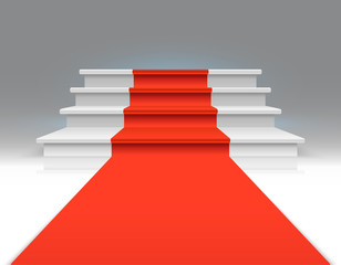 Red carpet on white walking stairs. Success, business growth and award vector abstract exclusive background