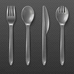 Realistic transparent plastic cutlery. Spoon, fork and knife isolated. Disposable tableware vector set