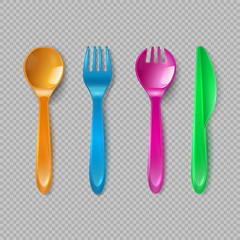 Kids plastic cutlery. Little spoon, fork and knife isolated. Disposable dishware, toy kitchen dining tools vector set
