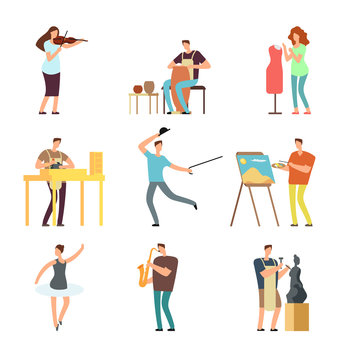Happy people of art and music. Cartoon artists and musicians vector isolated characters in creative artistic hobbies