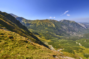 Fototapeta na wymiar Green meadows surrounding the high peaks of the West Tatra mountains