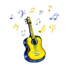 acoustic guitar made with watercolor strokes and musical notes on white background