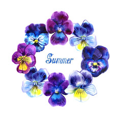 Round frame pansies watercolor with summer lettering on white background