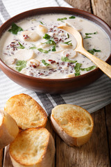 soup of wild rice with porcini mushrooms and vegetables close-up in a bowl and toast. vertical