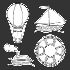 Vacation set, air balloon or aerostat and ship, sail vessel and lifebuoy, active recreation. Hand drawn vector in engraving and sketch style