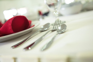 Table set for an event party or wedding reception. Wedding Decorations. Selective focus.