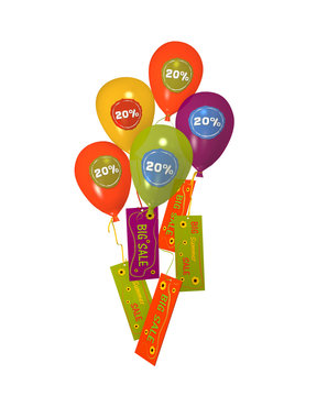 Bunte Luftballons mit 20% Aufklebern und Sale Werbung auf weiß isoliert. 3d render