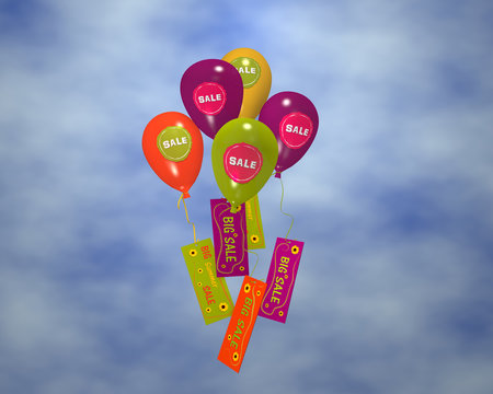 bunte Luftballons mit Sale-Aufklebern an denen Werbung hängt, im Wolkenhimmel. 3d render