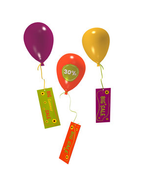 Luftballons mit 30% Aufklebern und Sale Werbung auf weiß isoliert. 3d render