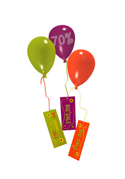 Luftballons mit Sale 70% Werbung auf weiß isoliert. 3d render