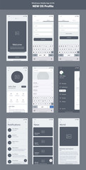 Wireframe kit for mobile phone. Mobile App UI, UX design. New OS Profile. Walkthrough, welcome, sign in, sign up, profile, account, login, search and menu screens.