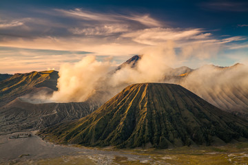 Mount Bromo volcano Gunung Bromo during sunrise Bromo Tengger Semeru National Park, East Java, Indonesia.
