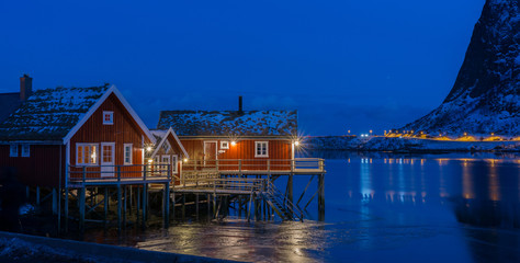 blue hour, typical norwegian red cabin 