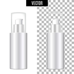 3d white realistic cosmetic package icon empty tubes on transparent background vector illustration. Realistic white plastic bottle for cream liquid soap with a pump.
