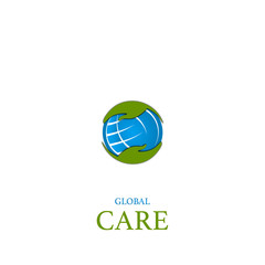 Global care concept with globe and hands logo, vector design elements