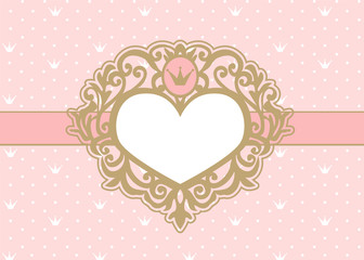 Cute pink background with polka dots and crown. Luxury gold photo frame in the shape of a heart. Princess royal invitation card ( birthday, wedding, baby shower) Vector picture border. Vintage mirror