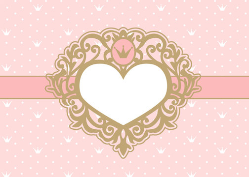 Cute pink background with polka dots and crown. Luxury gold photo frame in the shape of a heart. Princess royal invitation card ( birthday, wedding, baby shower) Vector picture border. Vintage mirror