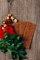 the concept of proper nutrition: dried fruits, greens, nuts