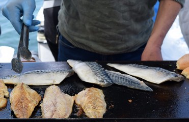 Fish on the grill.The food on the grill.Mackerel 