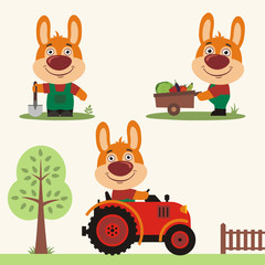 Set of funny bunny rabbit farmer with shovel, with wheelbarrow with vegetables, in farm tractor. Collection of bunny rabbit is working on the farm.
