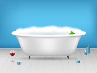 Naklejka na ściany i meble Realistic Detailed 3d Bathroom Bathtub with Foam Card Poster. Vector