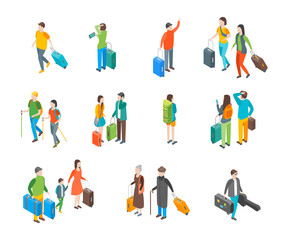 Isometric Travel People Characters Icon Set. Vector