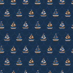 Navy vintage boat pattern in wave background. A vintage, modern, and flexible pattern for brand who has mature and fun style. Repeated pattern. Happy, retro, and nautical mood.