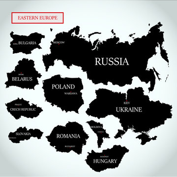 Vector maps of Eastern Europe with capitals on a light gray background