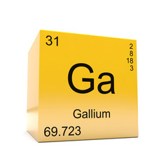 Gallium chemical element symbol from the periodic table displayed on glossy yellow cube