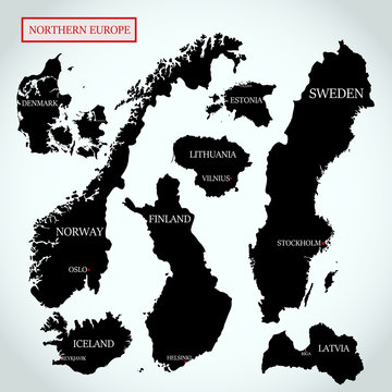 Vector maps of Northern Europe with capitals names