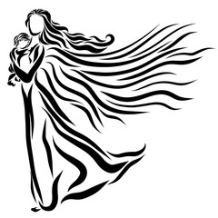 Winged slim woman with a small child