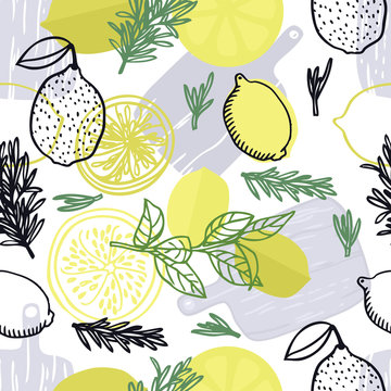 Food collection Fresh rosemary and lemons Hand drawn style Seamless pattern