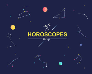 horoscope background with telescope, planet and zodiac signs.