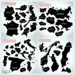 Obraz premium Collection of vector maps of Northern, Western, Eastern and Southern Europe with the names of capitals