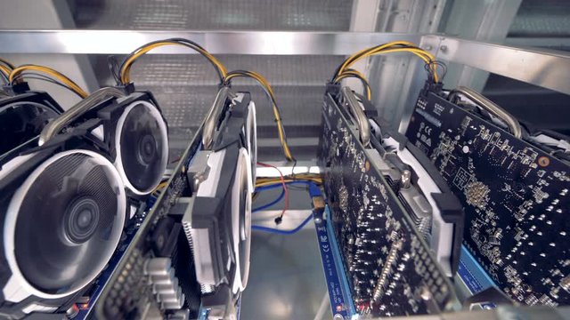 Racks with graphic cards in modern cryptocurrency mining Data Center.