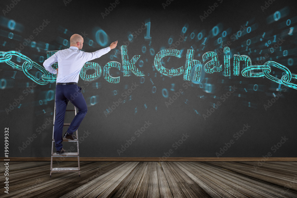 Poster businessman in front of a wall with blockchain title with a chain made of data number - 3d render