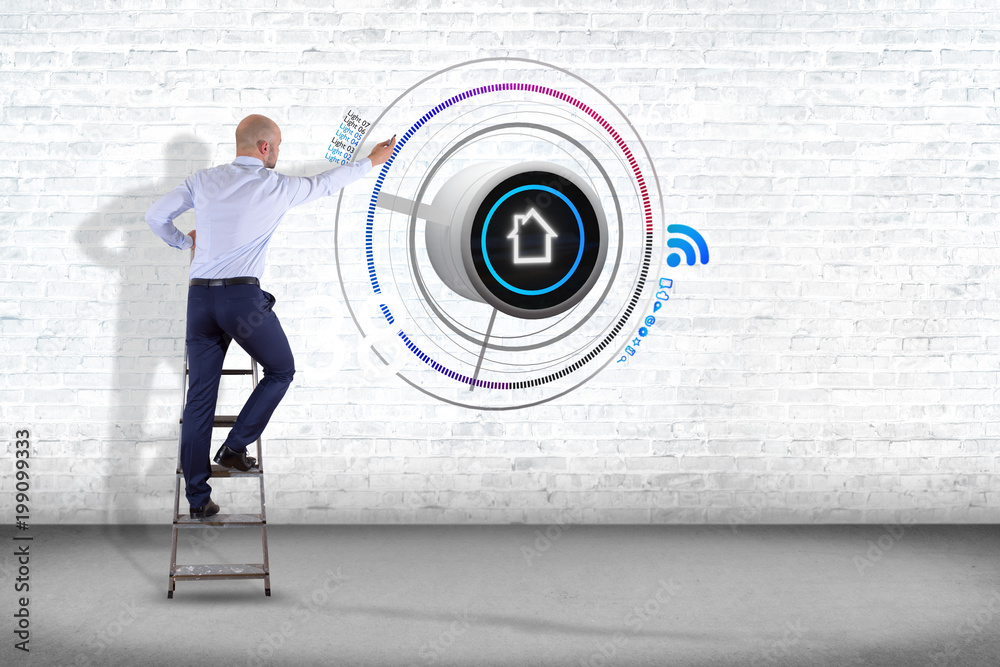 Poster businessman in front of a wall with a button of a smart home automation app - 3d rendering