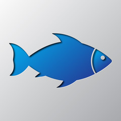 Paper art of the blue fish icon. Vector illustration.