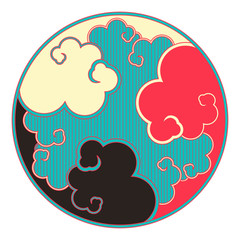 asian circle graphic pattern with clouds in blue black red