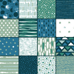 Set of 16 seamless texture. Drops, points, lines, stripes, circles, squares, rectangles. Abstract forms drawn a wide pen and ink. Backgrounds in blue and green. Hand drawn. Vector illustration.