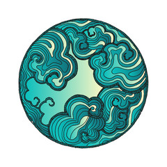 hand drawn asian circle pattern with clouds in blue gradient