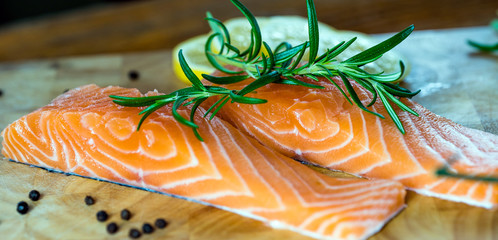 Fresh salmon on the cutting board. 