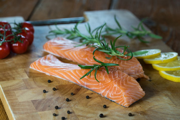 Fresh salmon on the cutting board. 