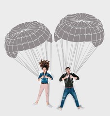 creative hand drawn collage with flying with parachutes together