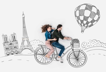 creative hand drawn collage with couple riding bike together at paris
