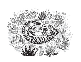 Contour print. Tiger playing with leaf in tropical garden. Black and white vector illustration